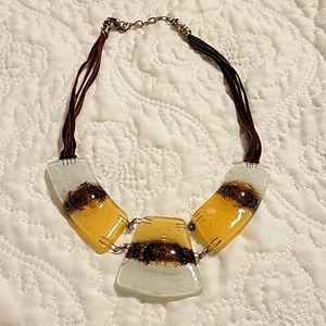 Handmade Art Glass Necklace - White/Brown